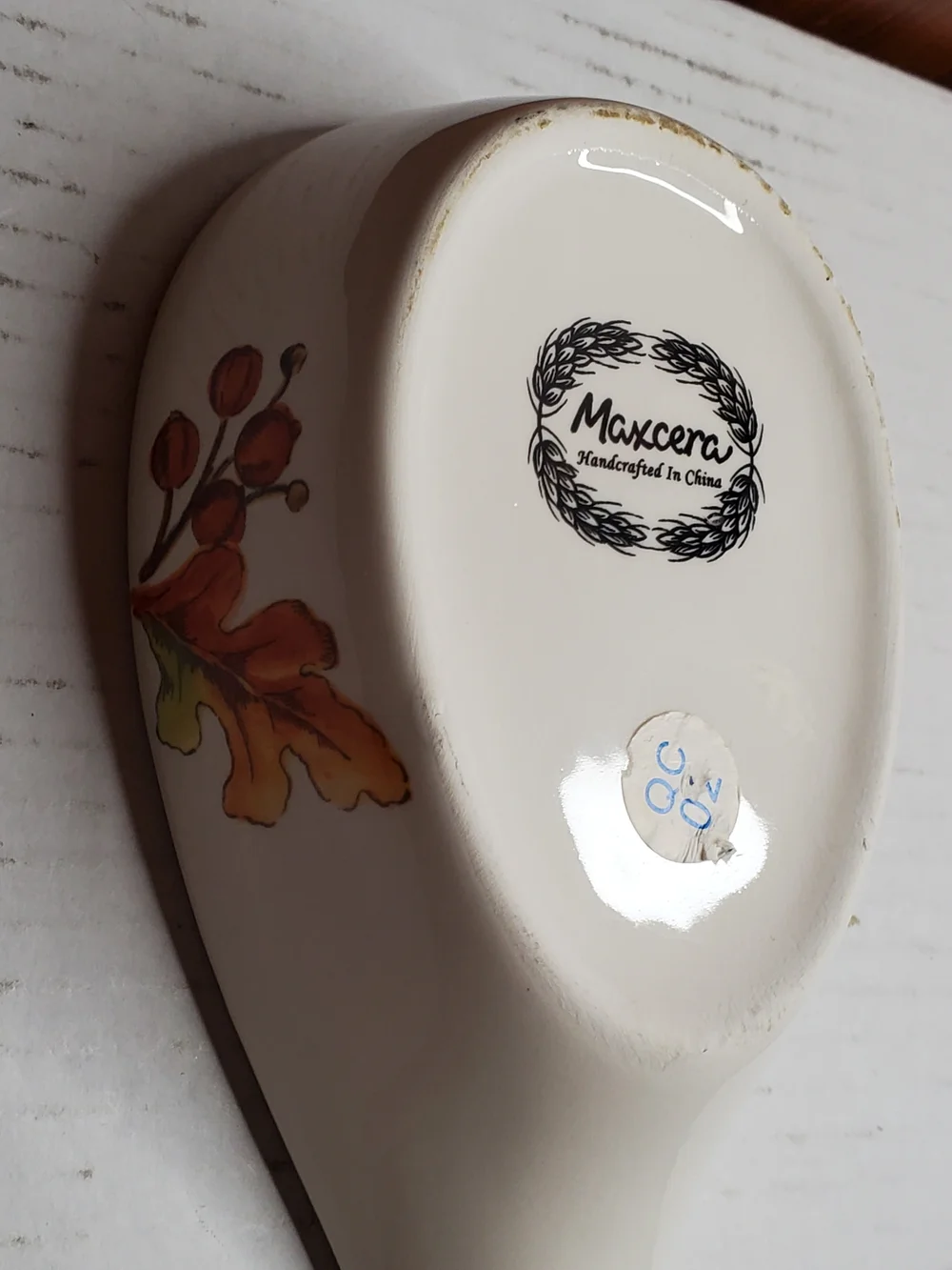 Ceramic Fall-Leaf Spoon Rest in White with Orange and Brown Motif